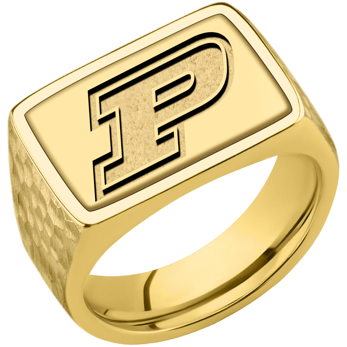 Large Horizontal Rectangle signet ring (20x14.5mm) in 14K Yellow Gold, with a Wide style band, a 18K Yellow Gold inlay and a Purdue Motion P engraving. - Image 2