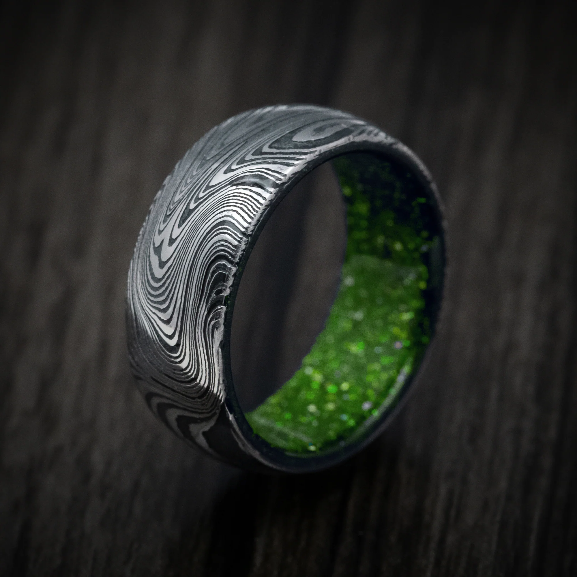 Marble Kuro Damascus Steel and DiamondCast Sleeve Men's Ring Custom Made - Image 4