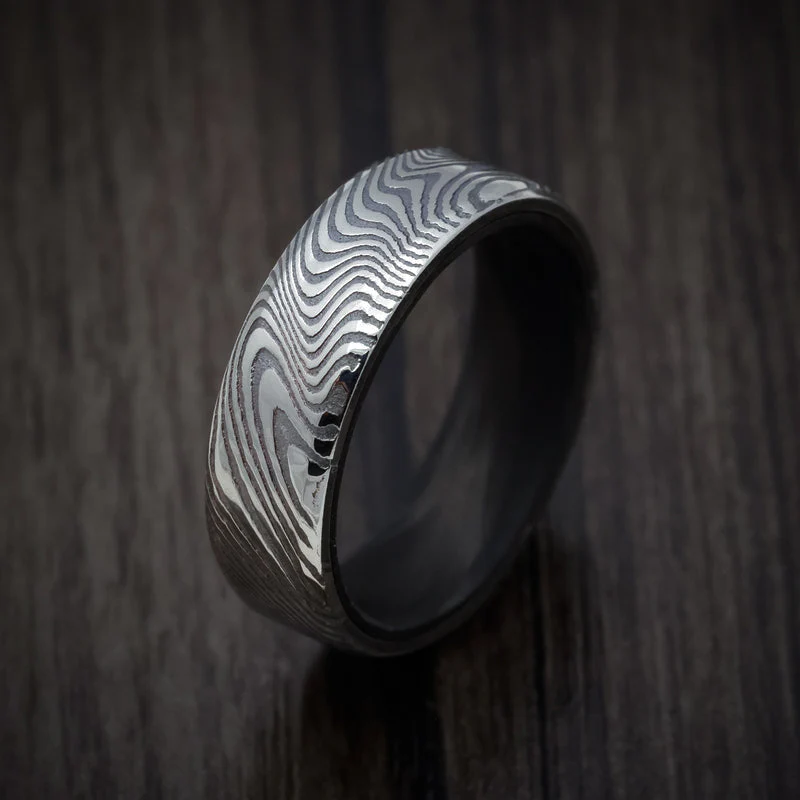 Marble Kuro Damascus Steel Men's Ring with Forged Carbon Fiber Sleeve - Image 3