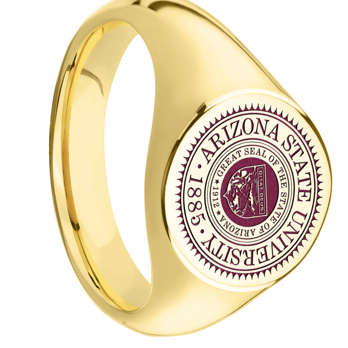 Medium Circle signet ring (14mm) in 10K Yellow Gold, with a Wide style band and an Arizona State University Seal engraving.