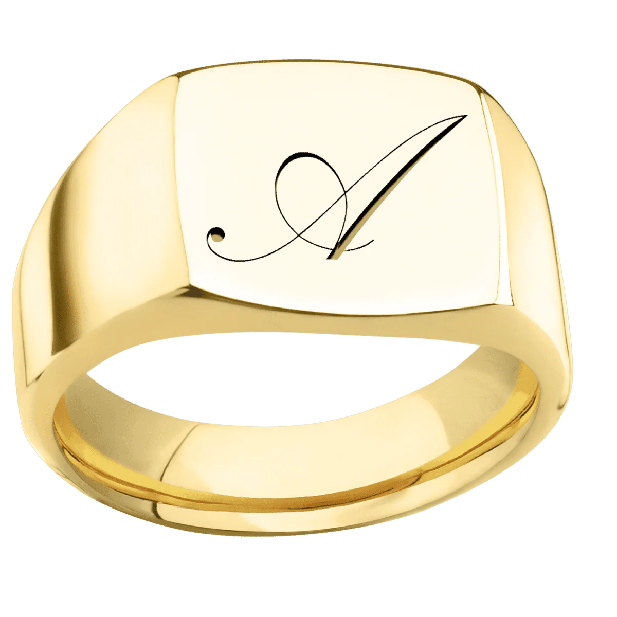 Medium Cushion signet ring (14x14mm) in 10K Yellow Gold, with a Wide style band and a Kunstler Script 1 engraving. - Image 3