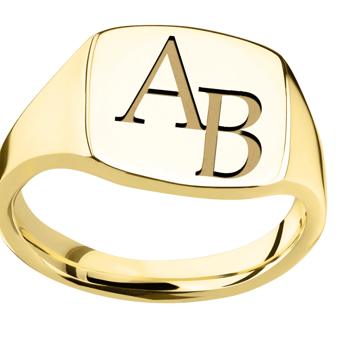 Medium Cushion signet ring (14x14mm) in 14K Yellow Gold, with a Thin style band and a Book Antiqua 2 engraving. - Image 3