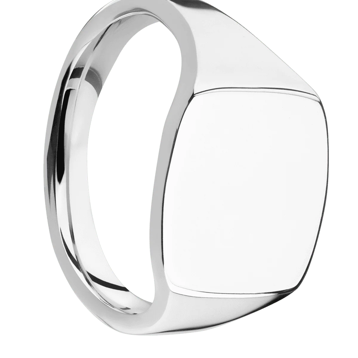 Medium Cushion signet ring (14x14mm) in Palladium Silver, with a Thin style band.