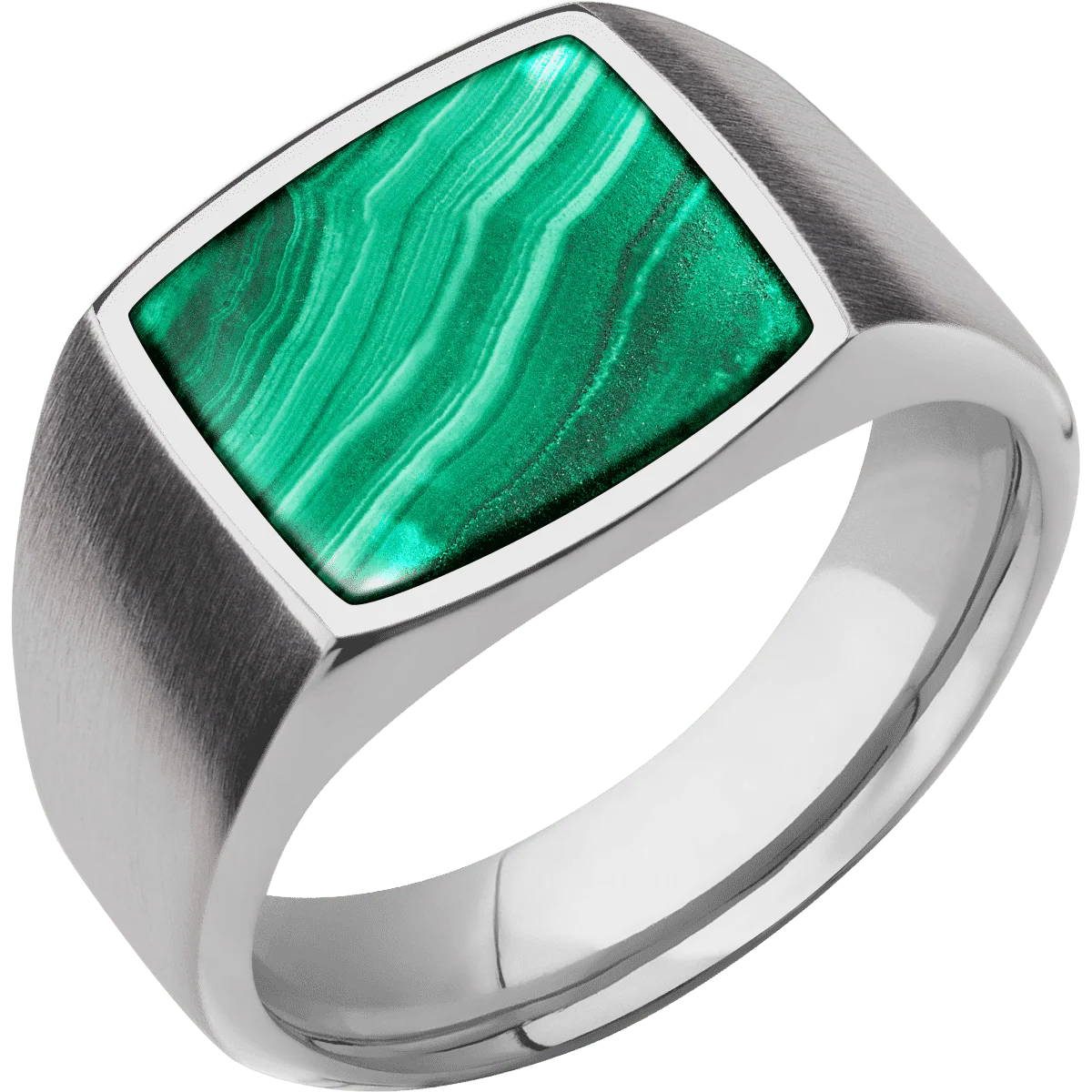 Medium Cushion signet ring (14x14mm) in Titanium, with a Wide style band, a Malachite inlay. - Image 2