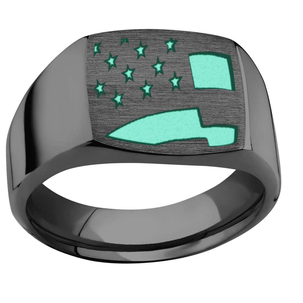Medium Cushion signet ring (14x14mm) in Zirconium, with a Wide style band and an American Flag engraving. - Image 3