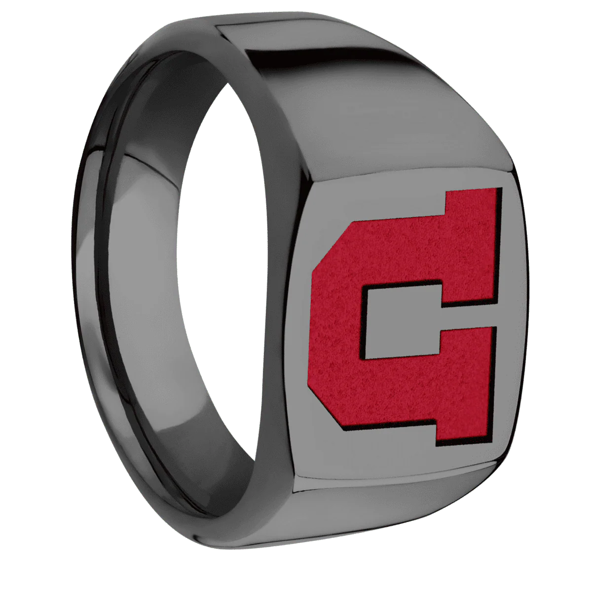 Medium Cushion signet ring (14x14mm) in Zirconium, with a Wide style band and an Utah Block U engraving.