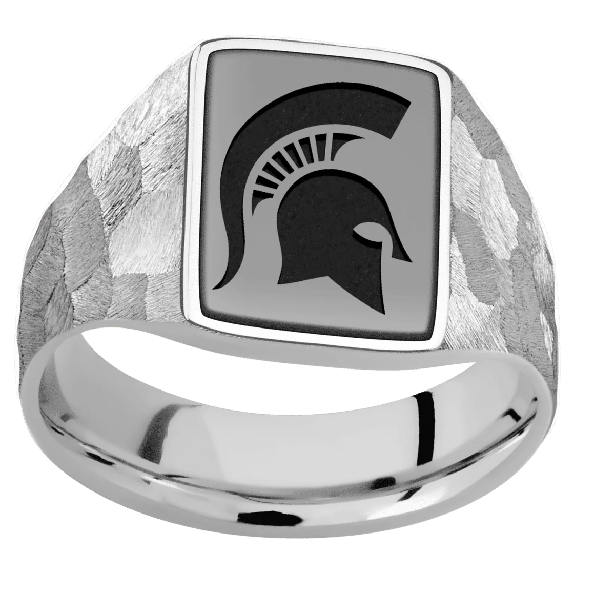 Medium Rectangle signet ring (16x11.5mm) in Palladium Silver, with a Wide style band, a Zirconium inlay and a Michigan State Spartan Helmet engraving. - Image 3