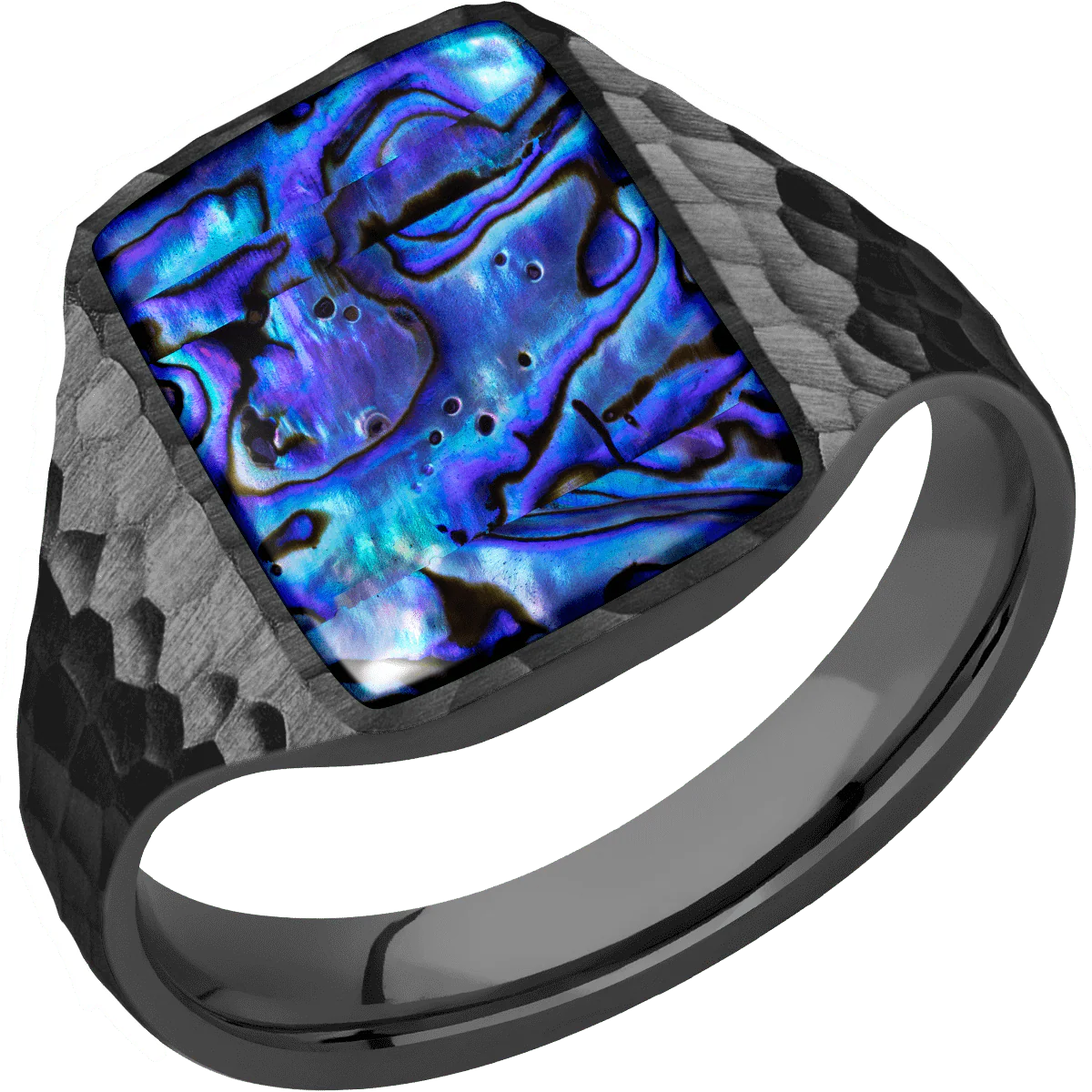 Medium Rectangle signet ring (16x11.5mm) in Zirconium, with a Thin style band, a Blue Purple Abalone inlay. - Image 2