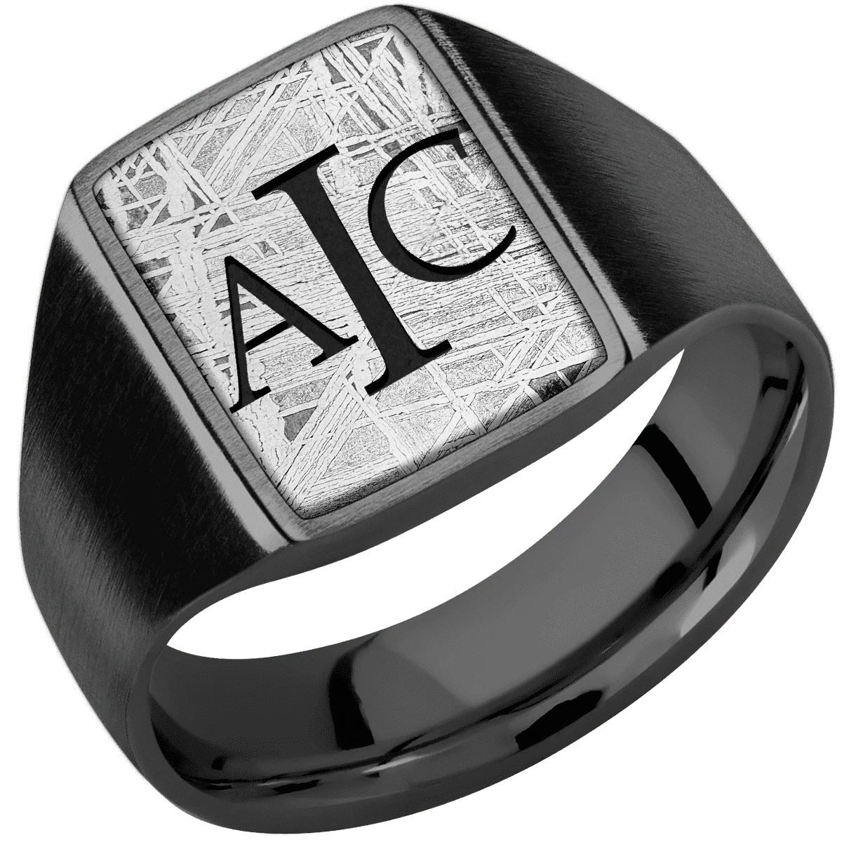 Medium Rectangle signet ring (16x11.5mm) in Zirconium, with a Wide style band, a Meteorite inlay and a Book Antiqua 3 engraving. - Image 2