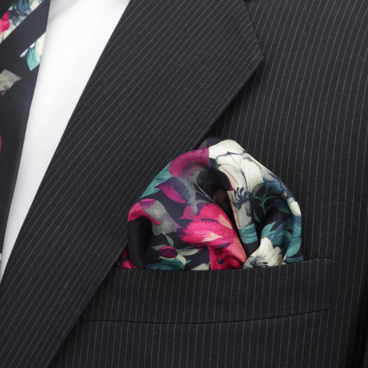 Painted Floral Navy Necktie and Pocket Square Gift Set - Image 7