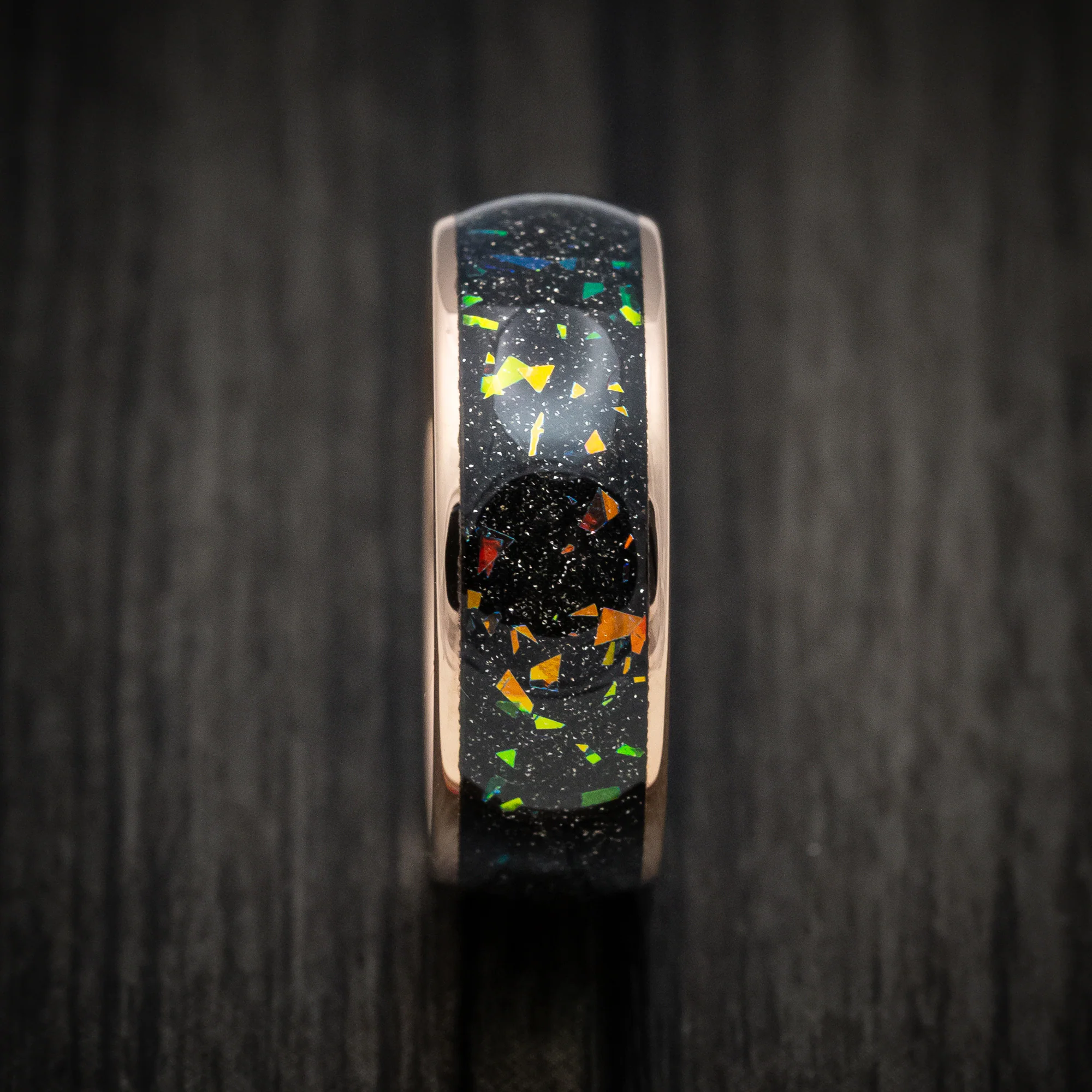 Golden Tungsten Men's Ring with Opal and Abalone Inlay - Image 3