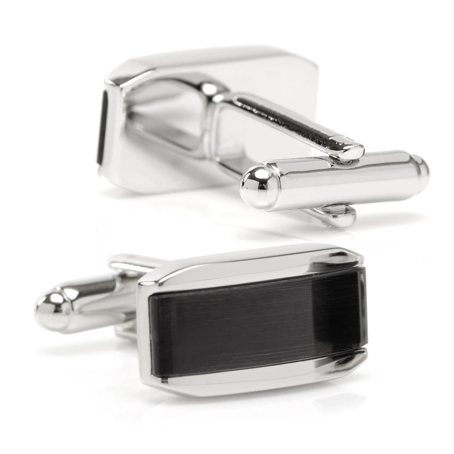 Silver Rectangular Cufflink with Dark Gray Cats Eye - Image 2