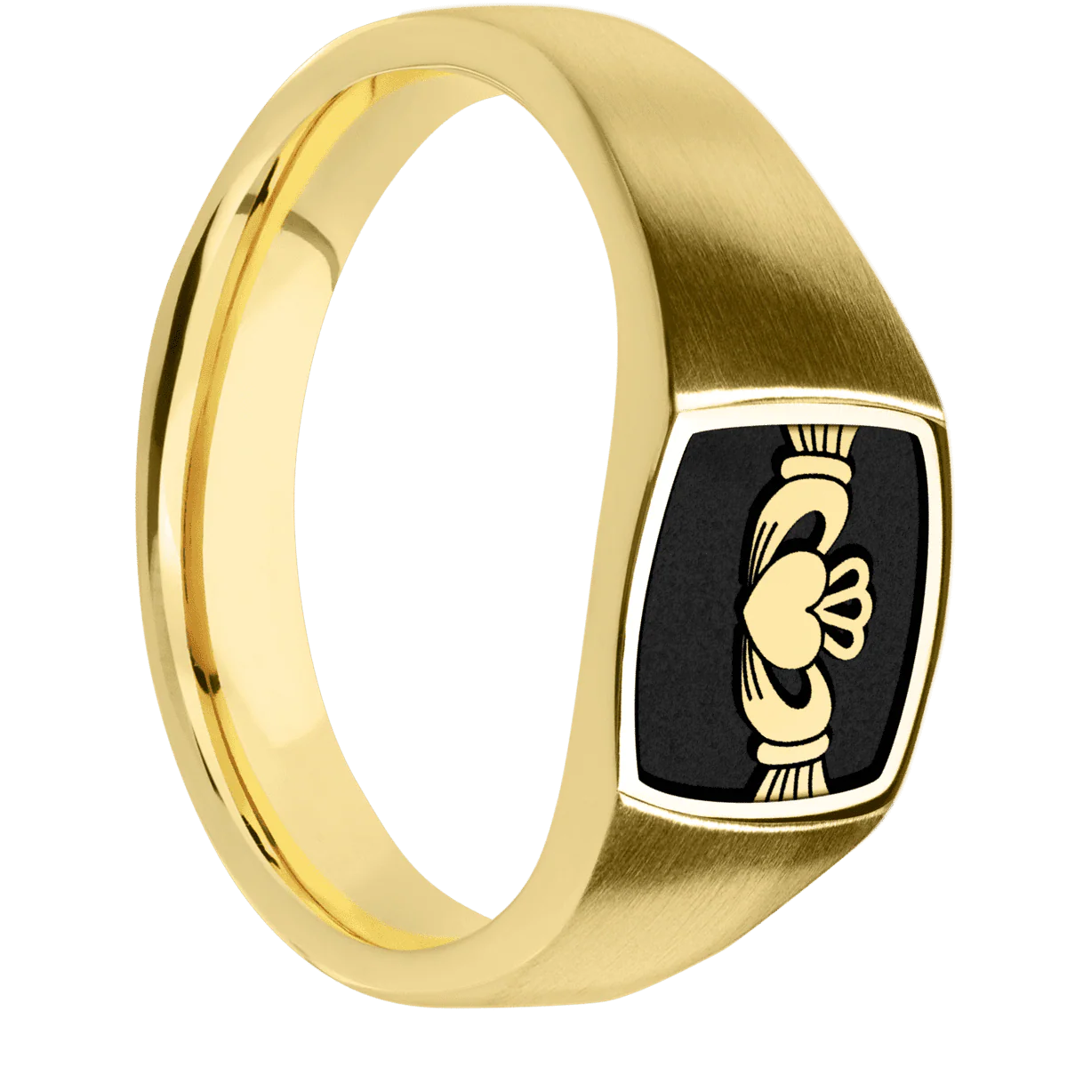 Small Cushion signet ring (10x10mm) in 10K Yellow Gold, with a Wide style band, a 14K Yellow Gold inlay and a Claddagh 4 engraving.