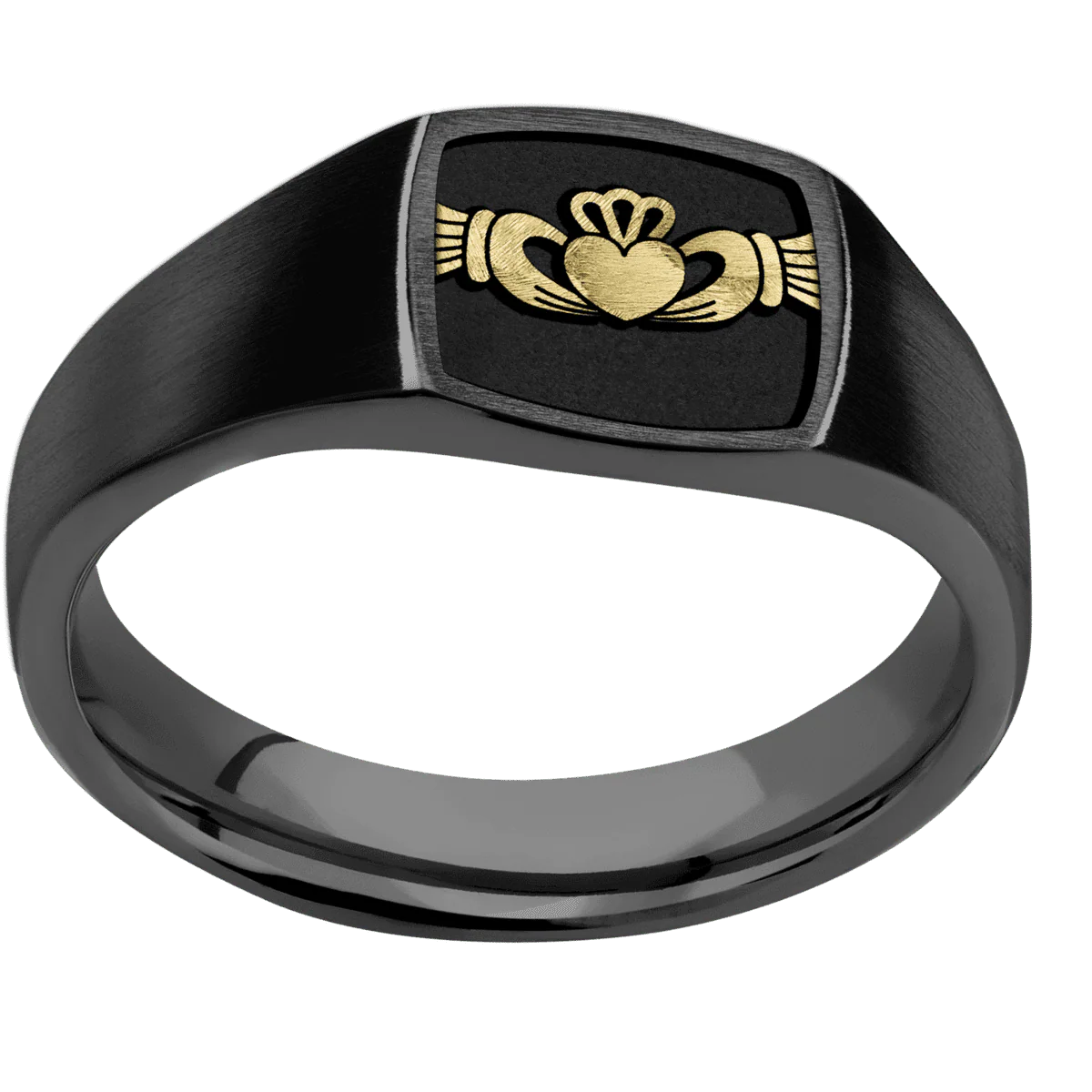 Small Cushion signet ring (10x10mm) in Zirconium, with a Wide style band, a 14K Yellow Gold inlay and a Claddagh 4 engraving. - Image 3