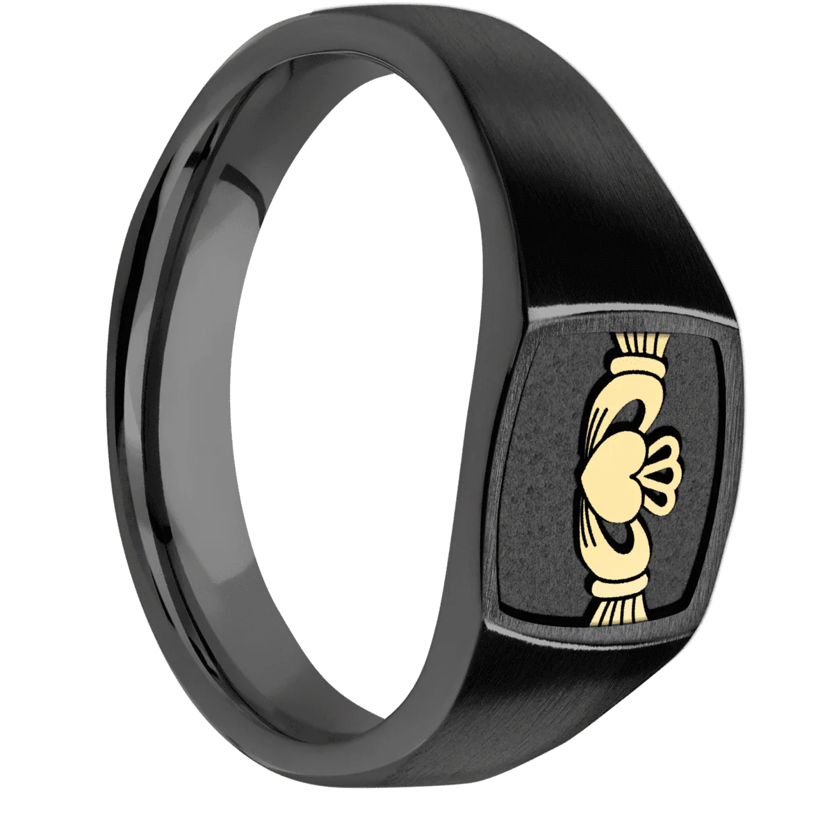 Small Cushion signet ring (10x10mm) in Zirconium, with a Wide style band, a 14K Yellow Gold inlay and a Claddagh 4 engraving.