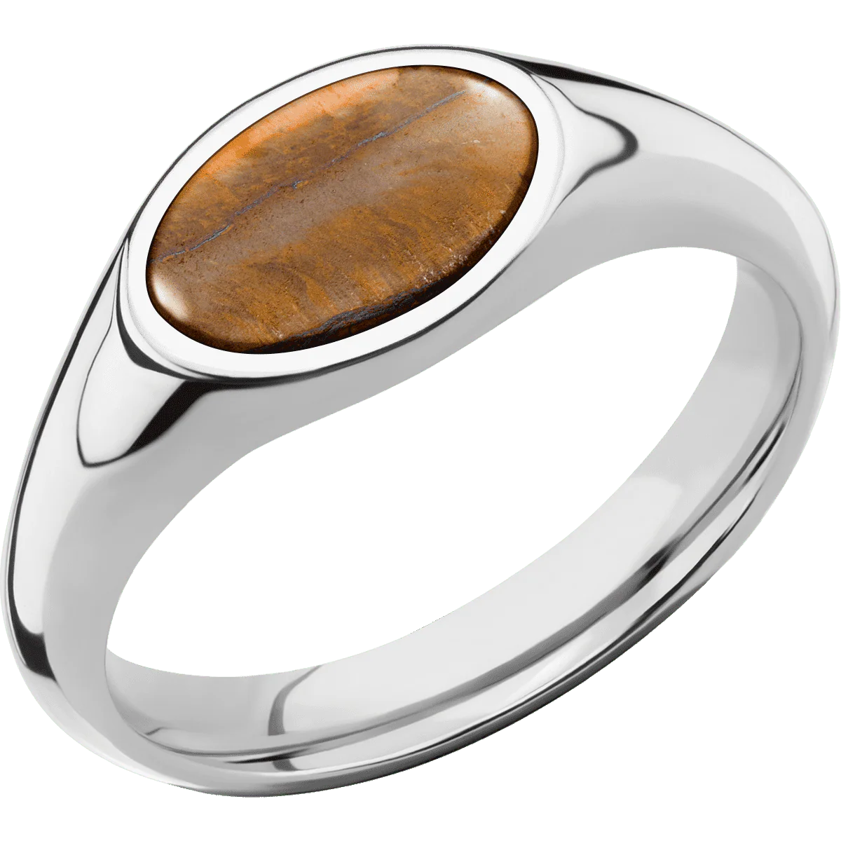 Small Horizontal Oval signet ring (12x9mm) in Palladium Silver, with a Wide style band, a Tigers Eye inlay. - Image 2