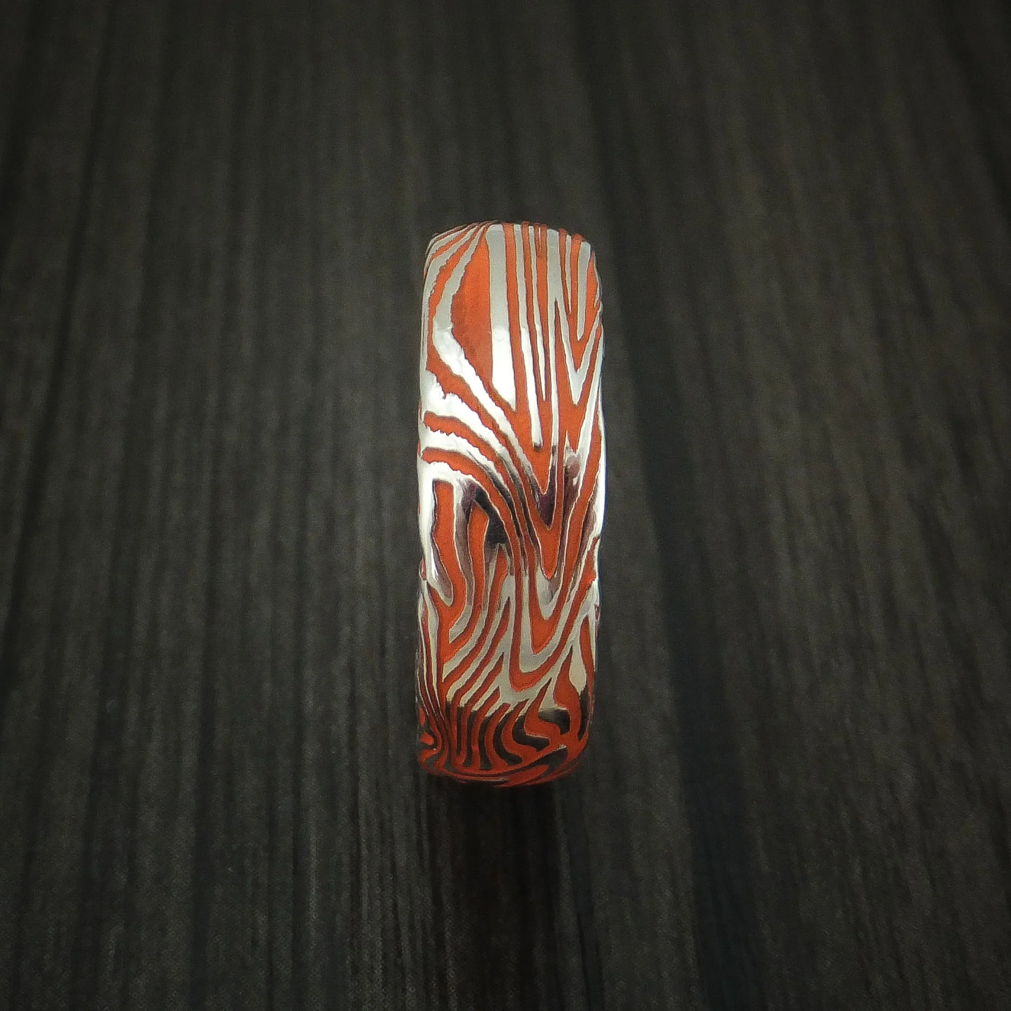 Sunset Kuro Damascus Steel and Hunter Orange Cerakote Men's Ring Custom Made Band - Image 3