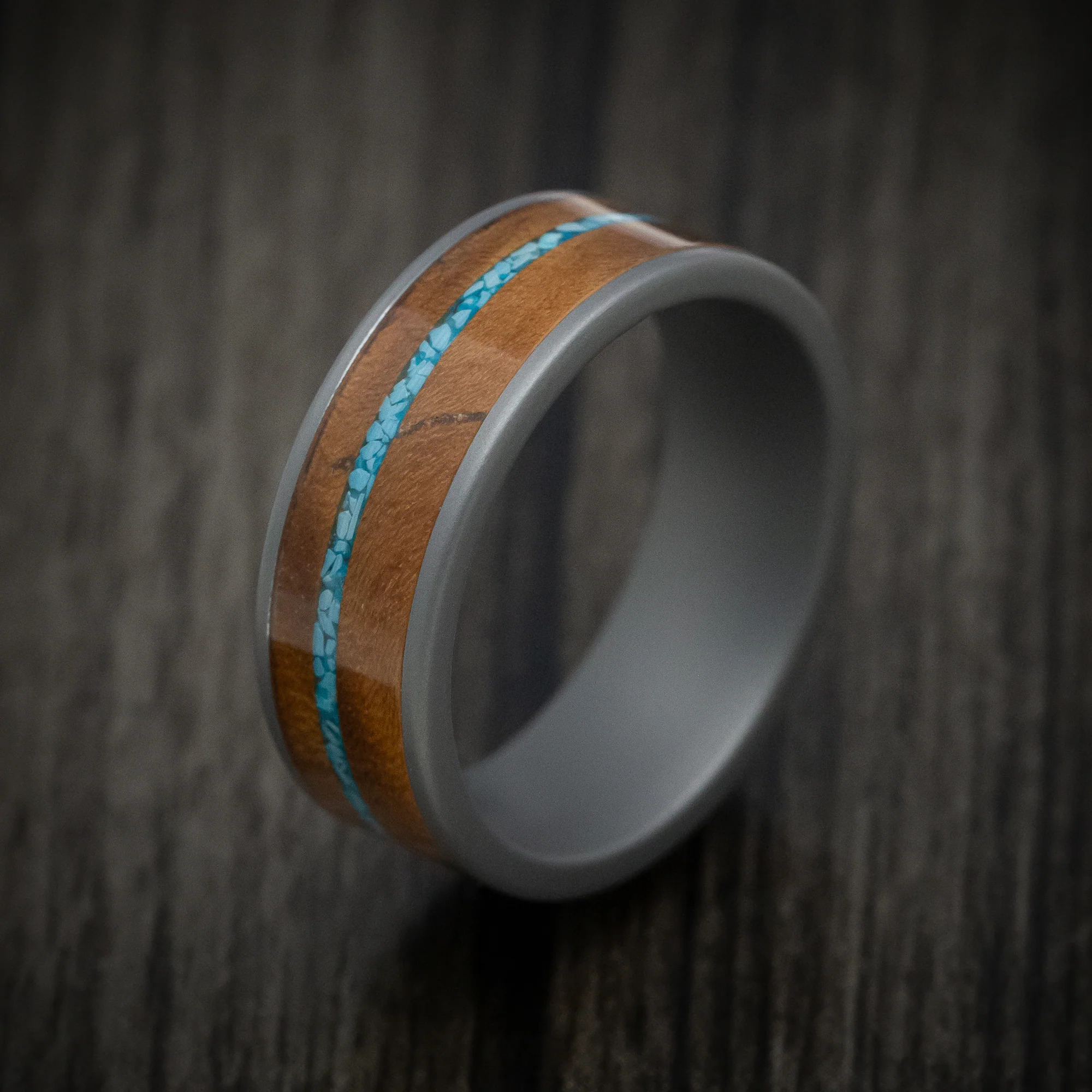 Tungsten Men's Ring with Wood and Turquoise Inlays - Image 3