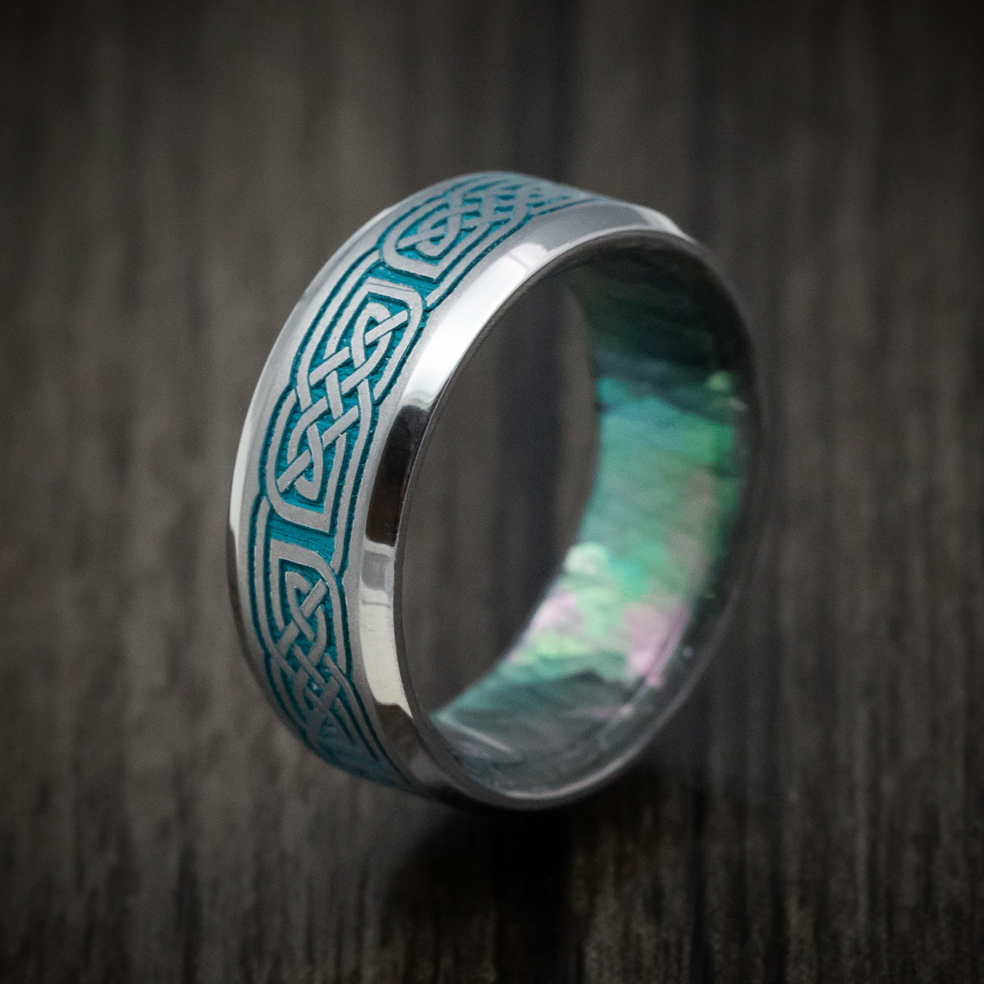 Tantalum Men's Ring with Celtic Knot Cerakote Inlay and Black Mother of Pearl Sleeve Custom Made Band - Image 4