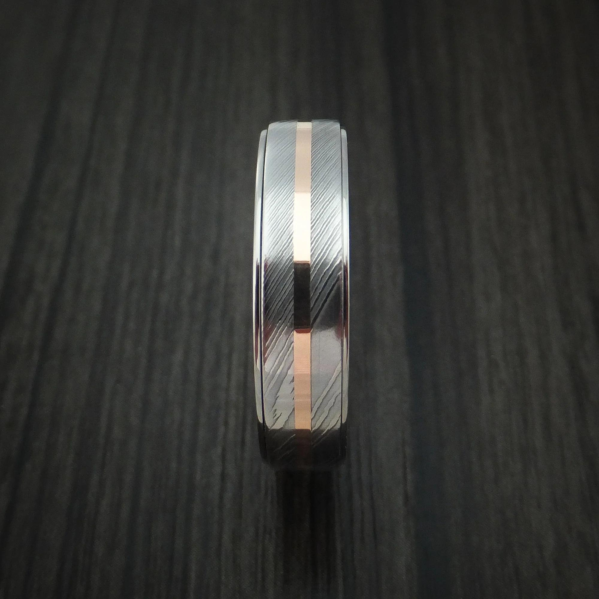 Titanium and Damascus Steel Spinner Men's Ring with 14k Rose Gold Custom Made Band - Image 3