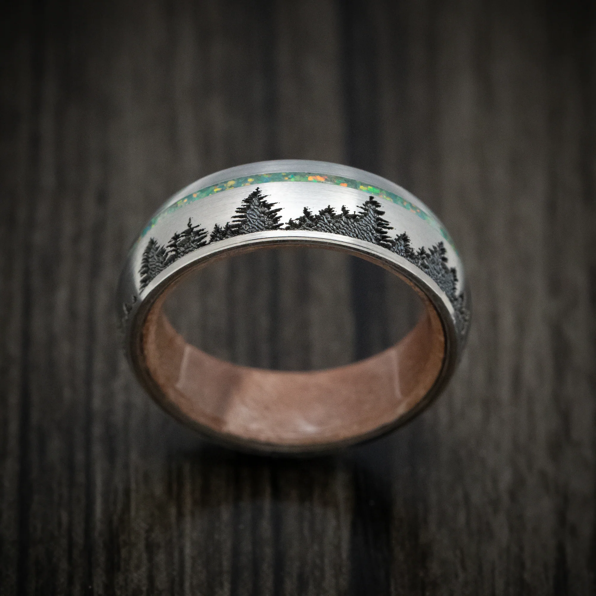 Titanium and Opal Men's Ring with Tree Design and Wood Sleeve Custom Made Band - Image 2