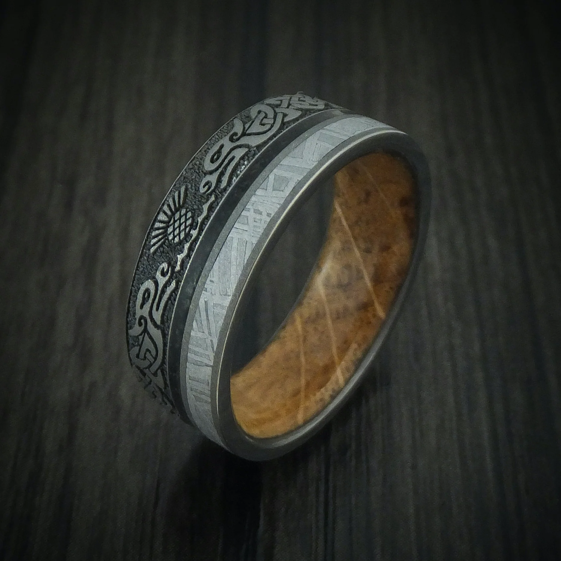Titanium Dragon Celtic Men's Ring with Meteorite and Dinosaur Bone along with a Hardwood Sleeve - Image 5