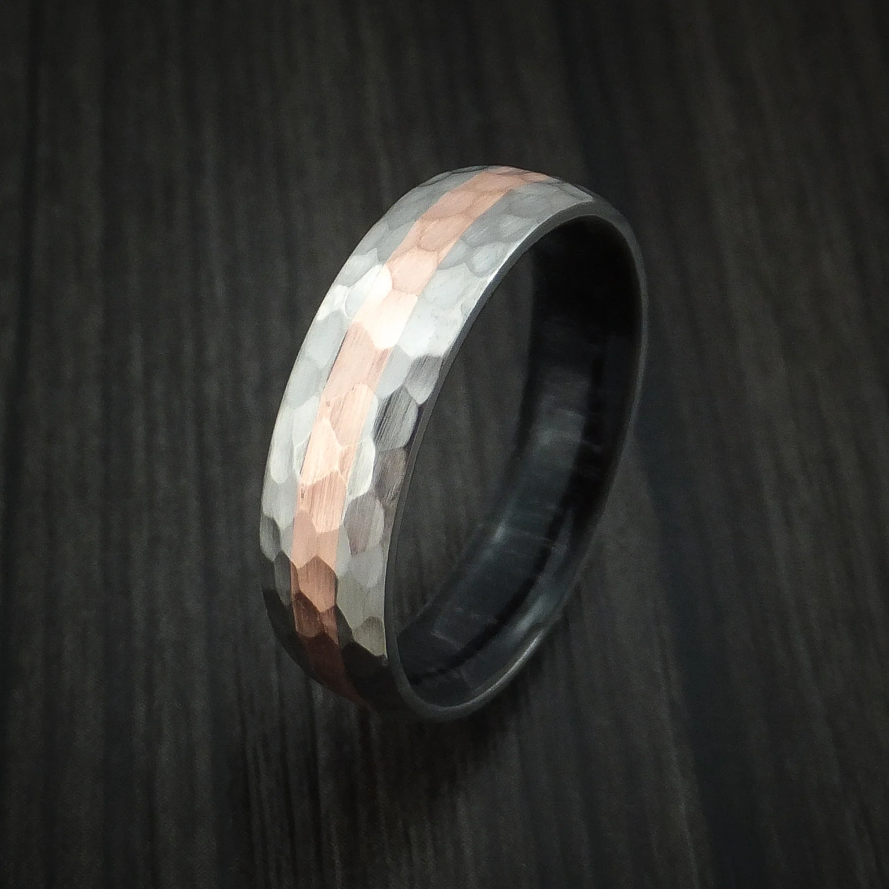 Titanium Hammered Men's Ring with Copper Inlay Wedding Band with Wood Sleeve Custom Made - Image 4