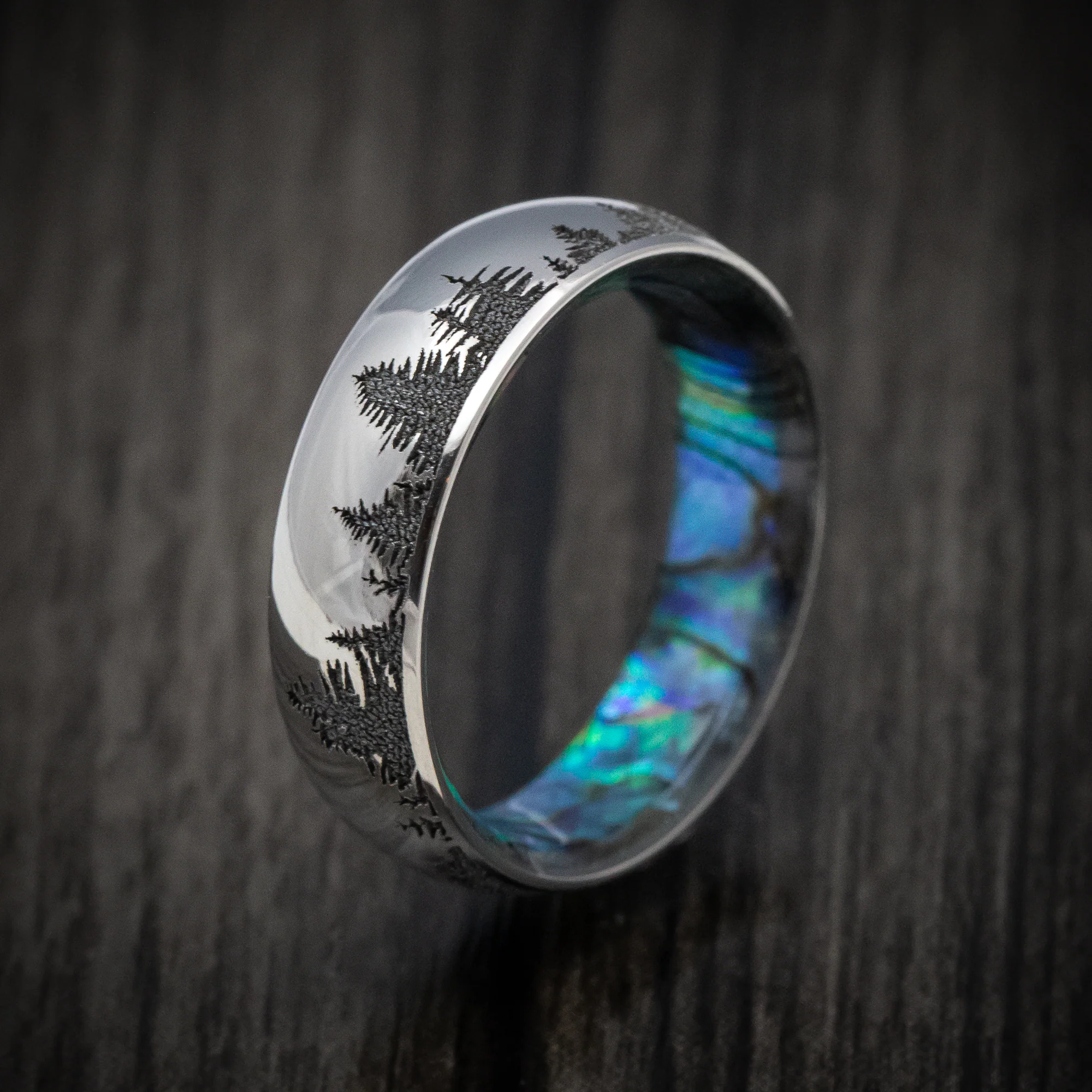 Titanium Spruce Pine Trees Men's Ring with Abalone Sleeve Custom Made - Image 3