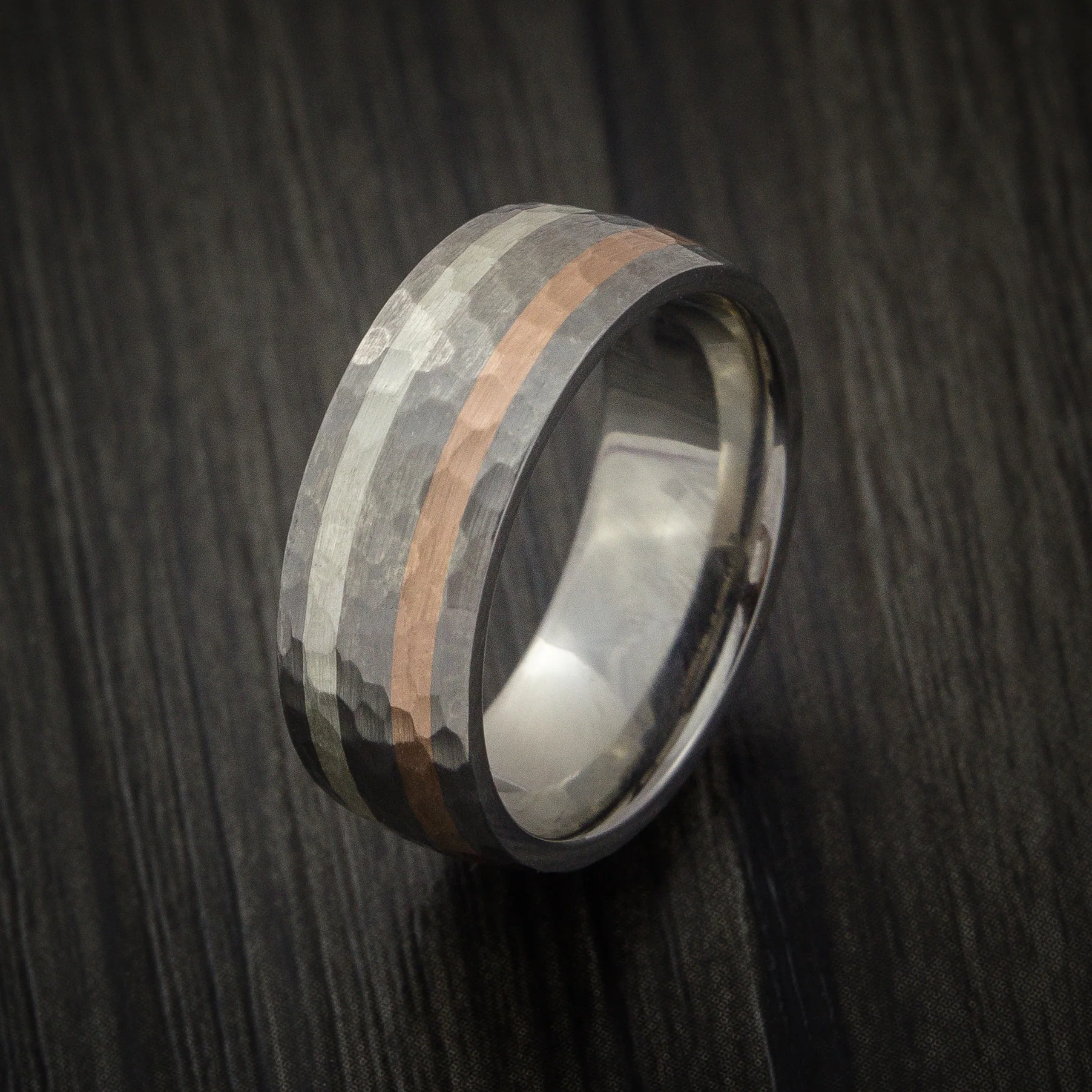 Titanium Men's Ring with Copper and Silver Inlays Hammer Finish Custom Made Band - Image 4