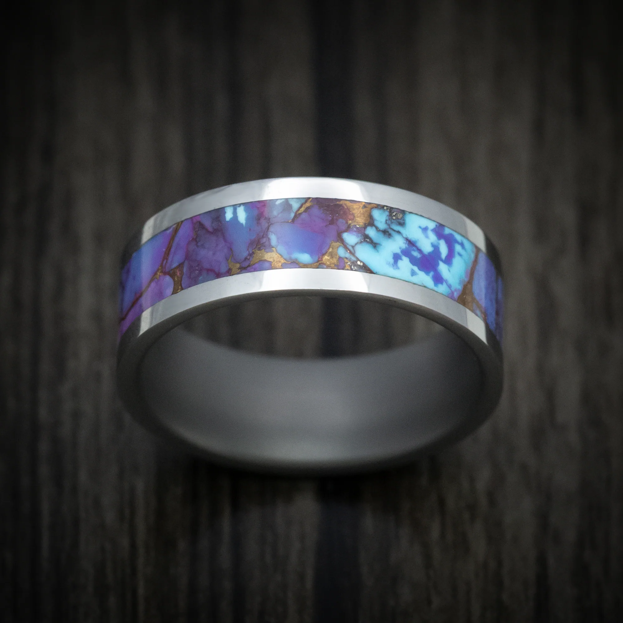 Tungsten Men's Ring with Turquoise and Purple Turquoise Stone and Bronze Inlay - Image 2