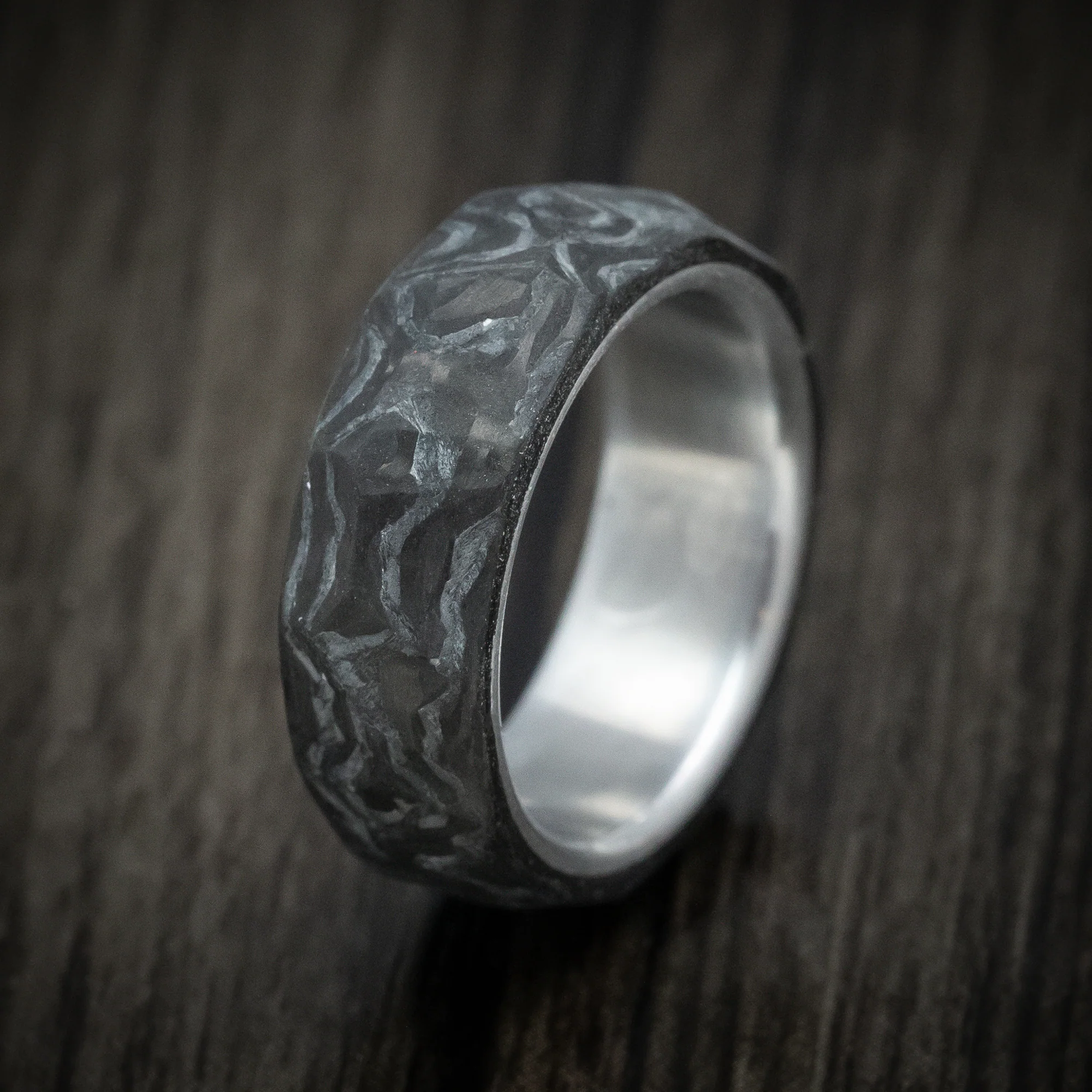 Two-Tone Marbled and Faceted Carbon Fiber Men's Ring with Aluminum Sleeve Custom Made Band - Image 4