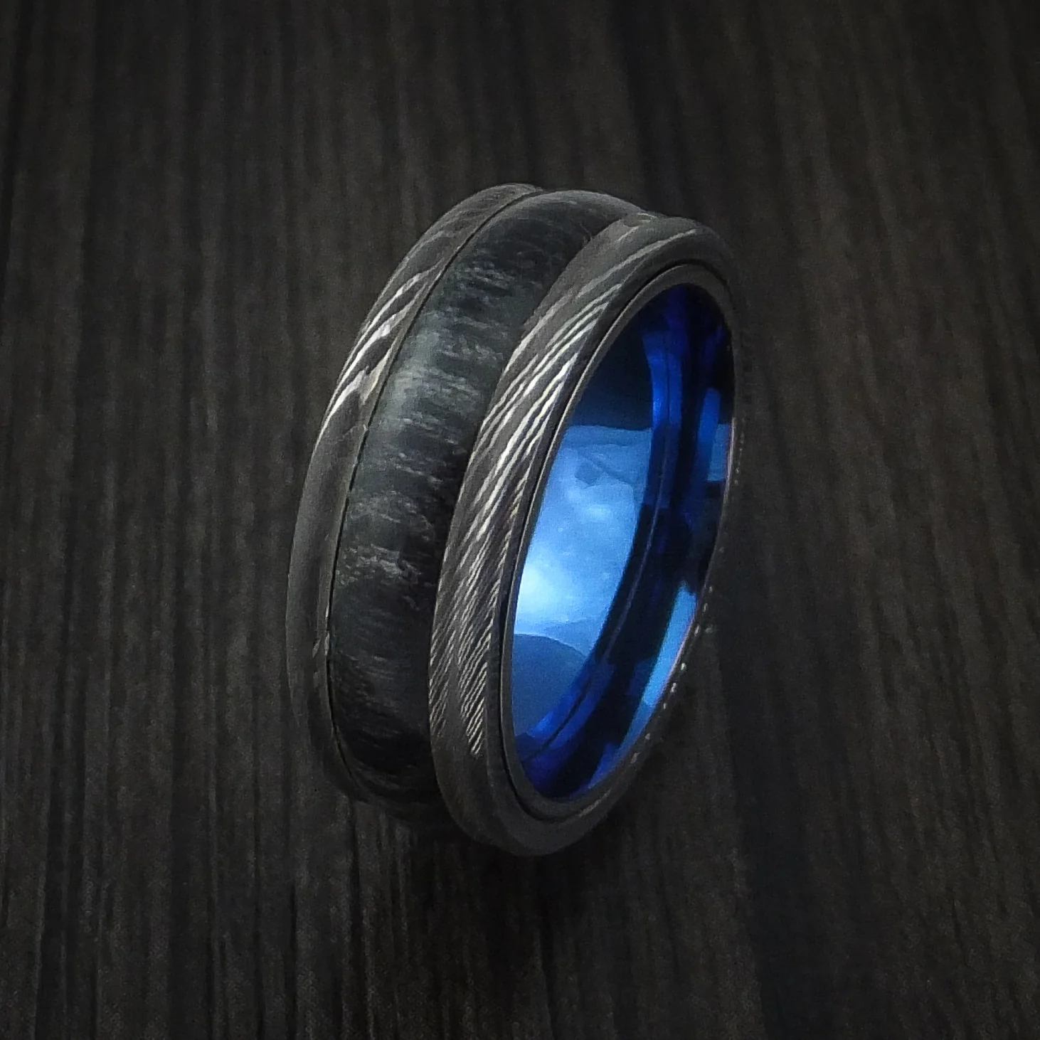 Damascus Steel Men's Ring inlaid with Charcoal Hard Wood with Anodized Sleeve Custom Made - Image 4