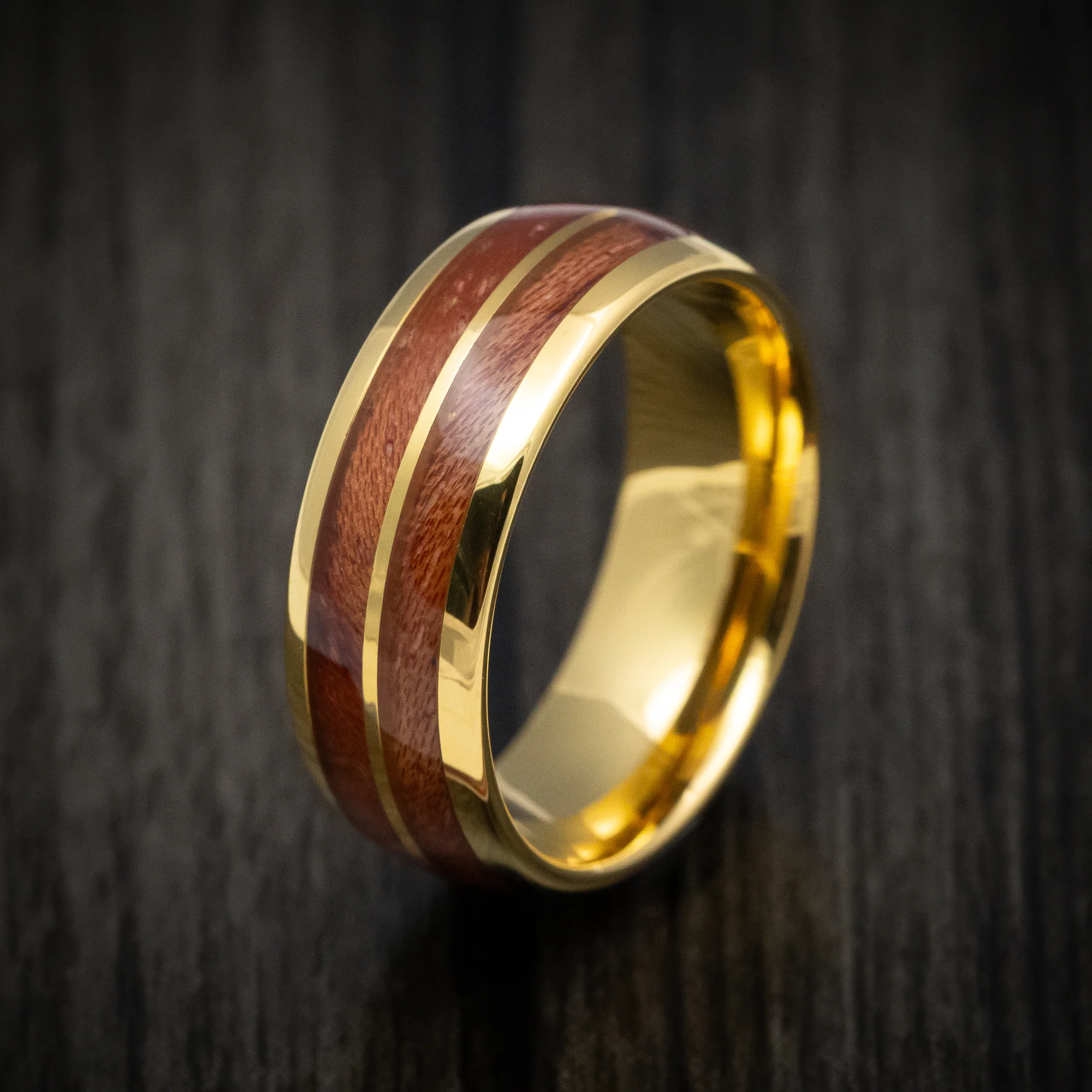 Golden Tungsten Men's Ring with Koa Wood Inlays - Image 4