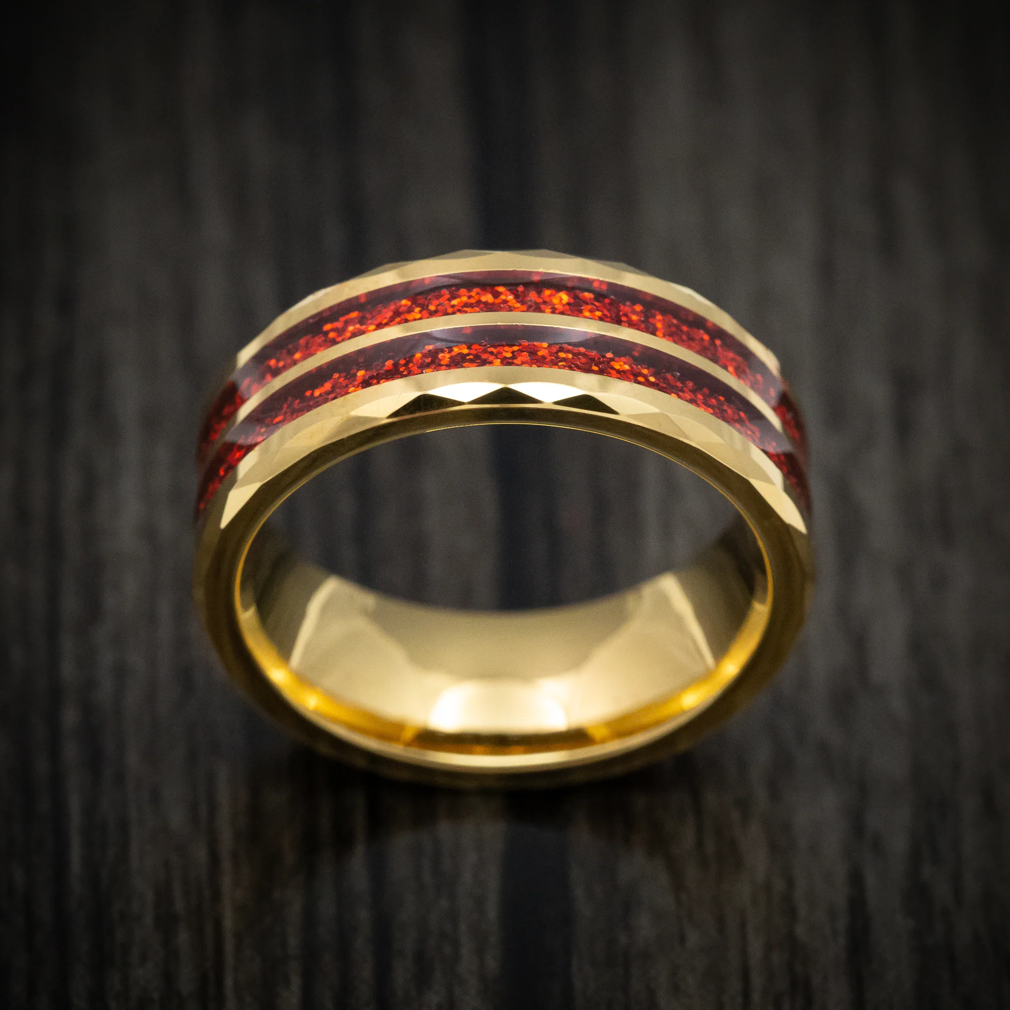 Golden Tungsten Men's Ring with Red Spark Inlay Band - Image 2